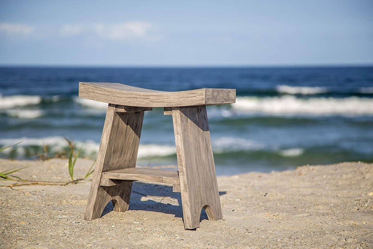 Gray Finish Teak Shower Bench with Shelf Y95843