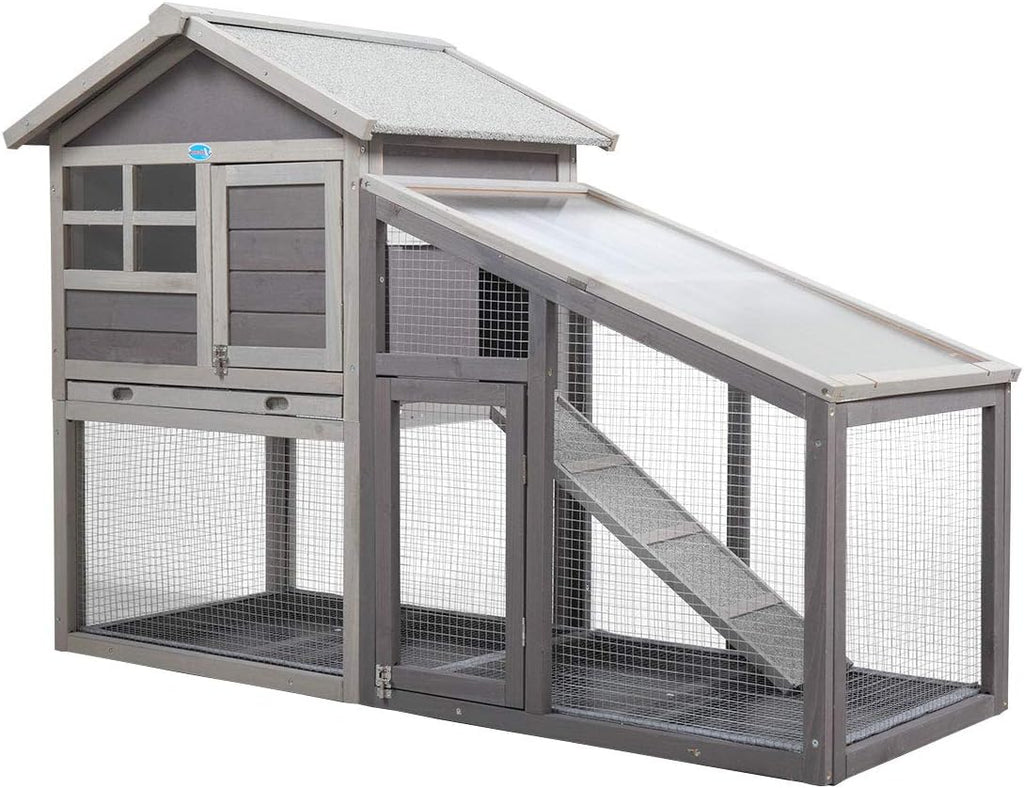 Rabbit Hutch Wooden Bunny Coop Hen House Outdoor Two-Story Animal Pet cage Garden Backyard with Run, 2 Colors(Red/Gray and White) J1140