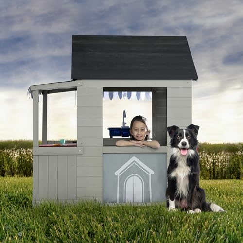 Wooden Cedar Playhouse with Play Sink and Picnic Table V553348