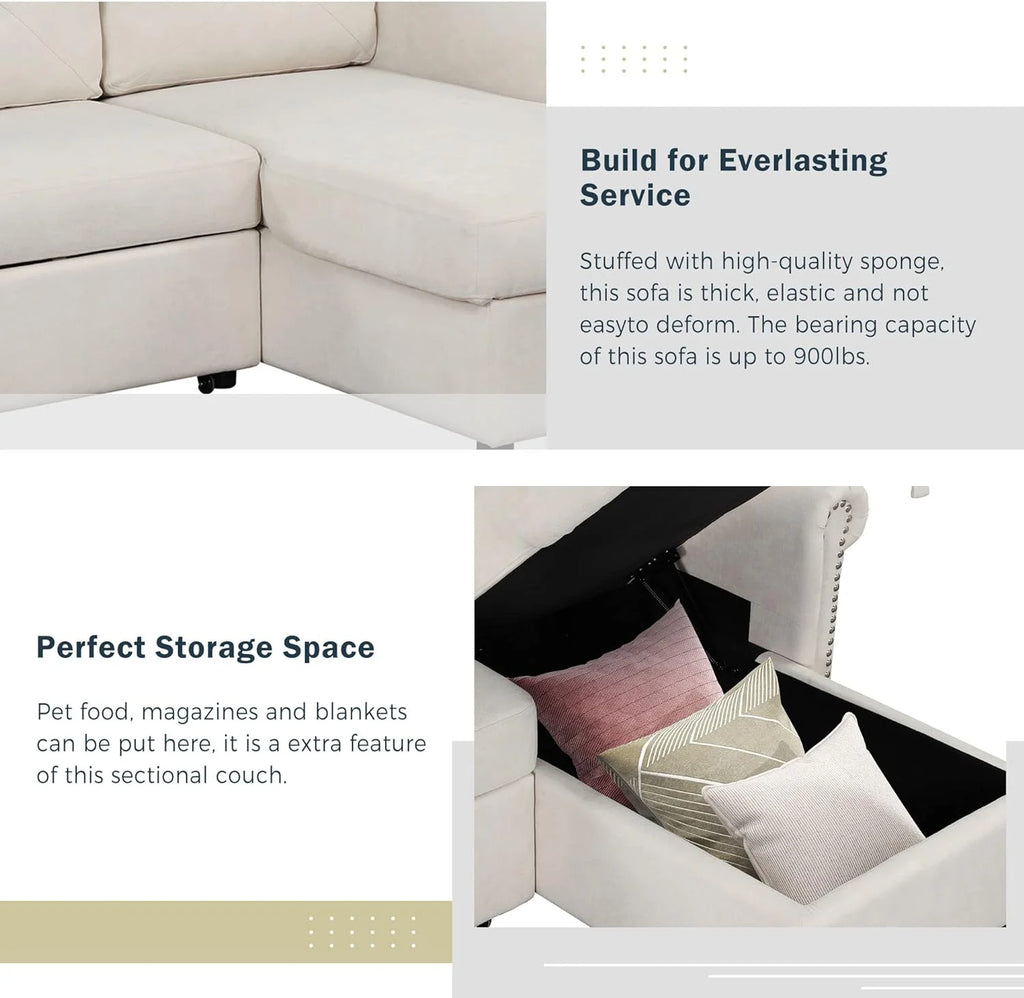 Beige L-Shape Convertible Sleeper Sofa Bed with Storage Chaise S293759