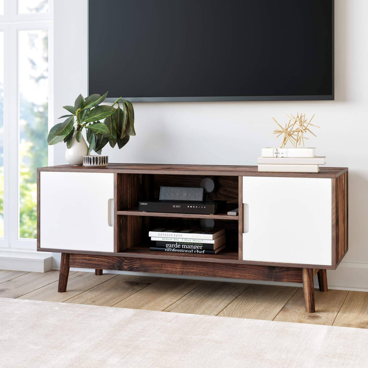 Brown Scandinavian TV Stand with White Cabinet Doors Y546