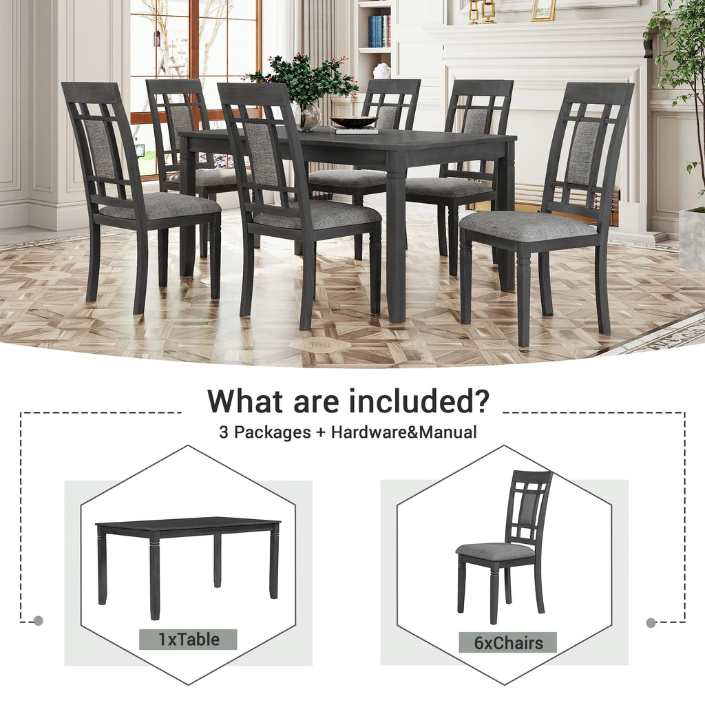 7 Pcs Dining Table and Chair Set with 6 Upholstered Chairs T61566
