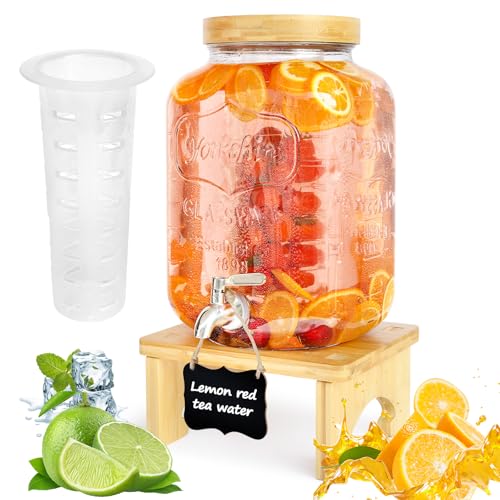 2 Gallon Glass Beverage Dispenser with Wood Stand and Stainless Steel Spigot C6822