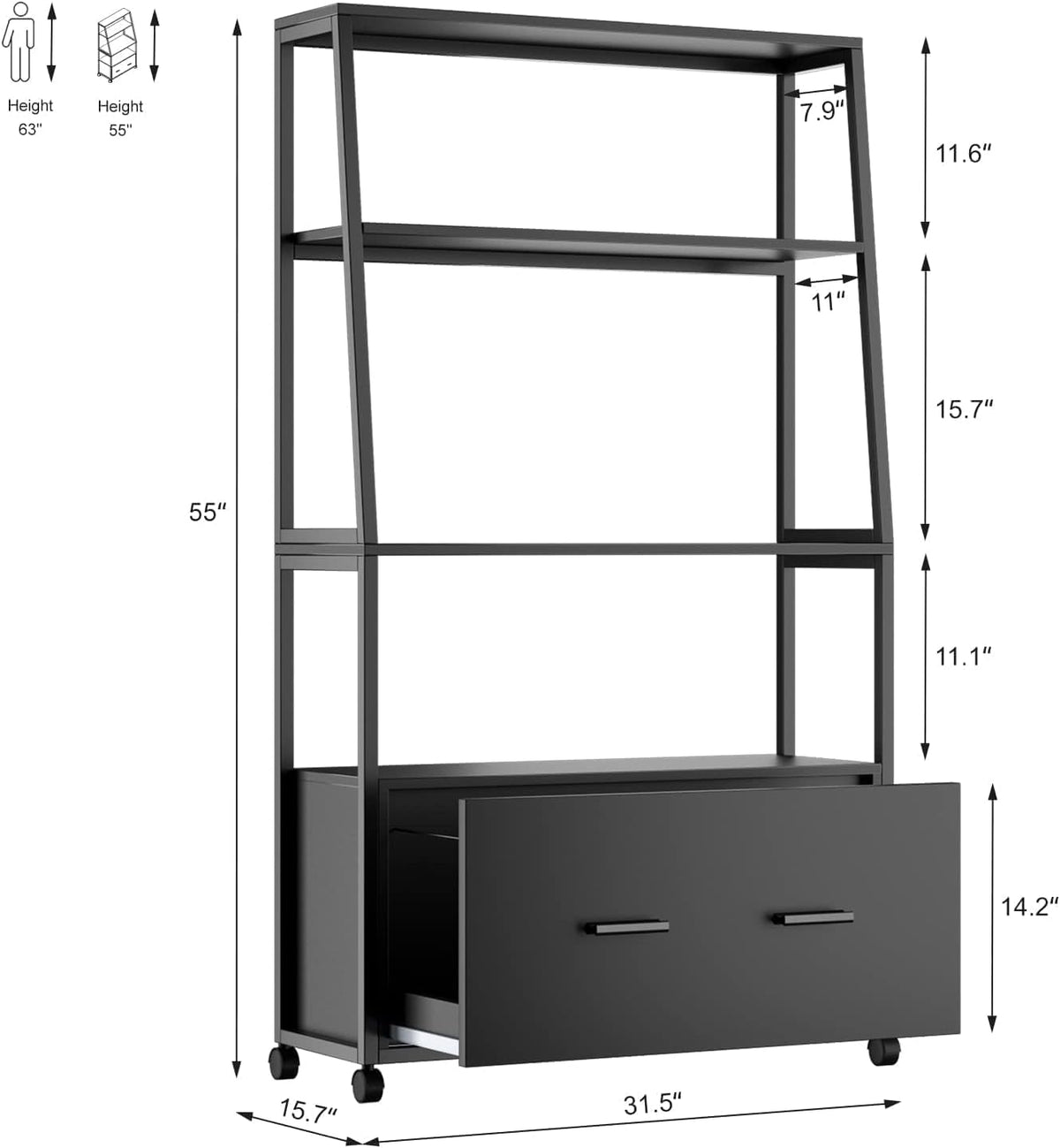Black Rolling File Cabinet with Drawer P374