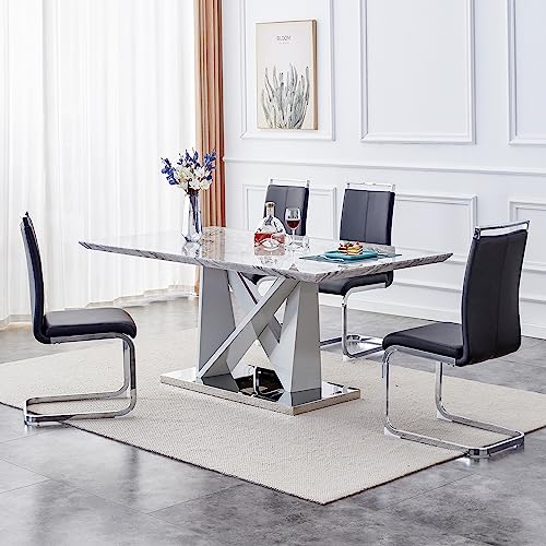 63" Faux Marble Dining Table Set with 6 PU Leather Upholstered Dining Chairs, 7 Piece L286090