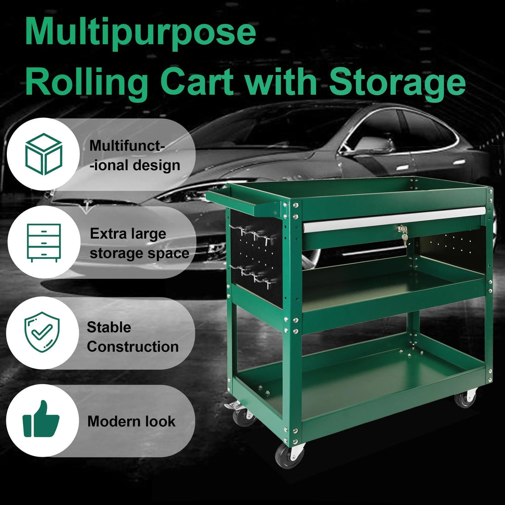Rolling Tool Cart with Drawer, 3 Tray, 6 Side Hooks B46092