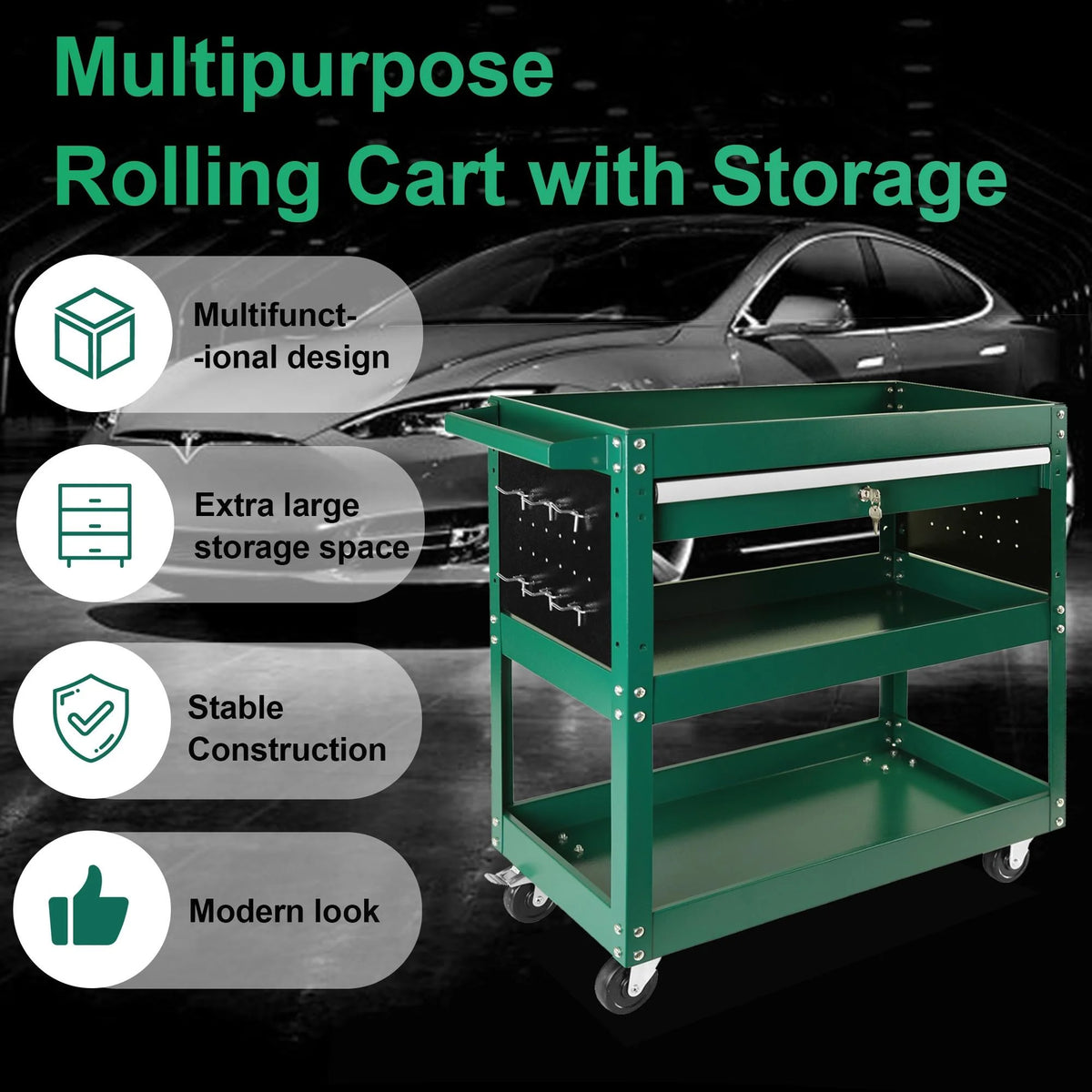 Rolling Tool Cart with Drawer, 3 Tray, 6 Side Hooks B46092