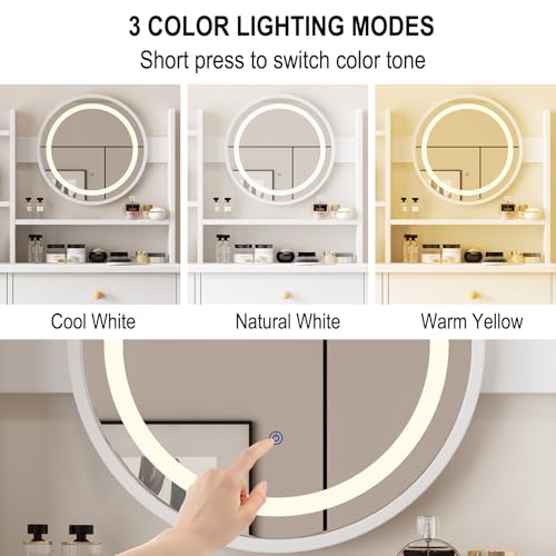 White Vanity Desk with Mirror and Lights, 3 Lighting Modes, Drawers, Open Storage Shelves N395271