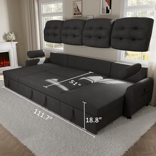 Dark Grey Linen Sectional Sleeper Sofa with Storage Chaise V348111