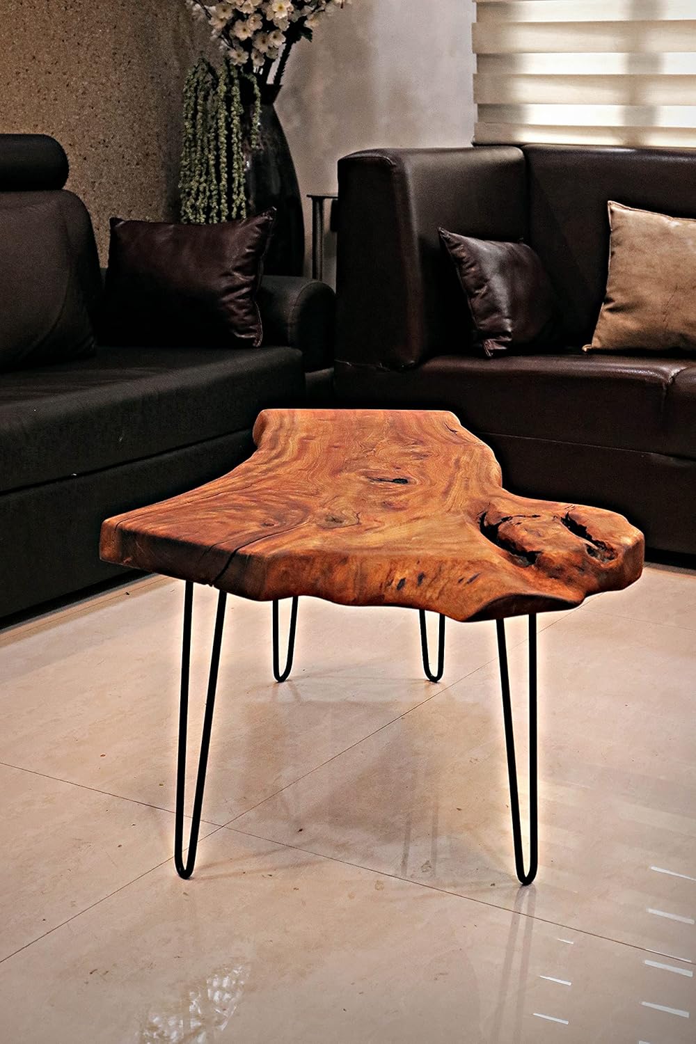 Natural Wood Edge Teak Coffee Table with Clear Lacquer Finish and Metal Hairpin Legs G64618