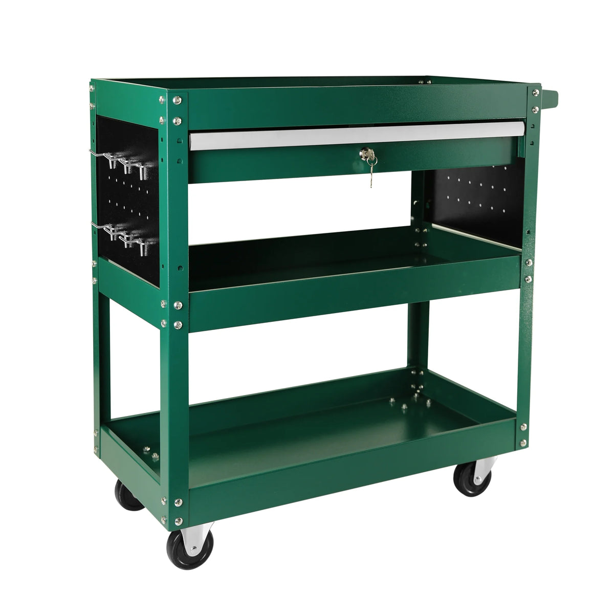 Rolling Tool Cart with Drawer, 3 Tray, 6 Side Hooks B46092