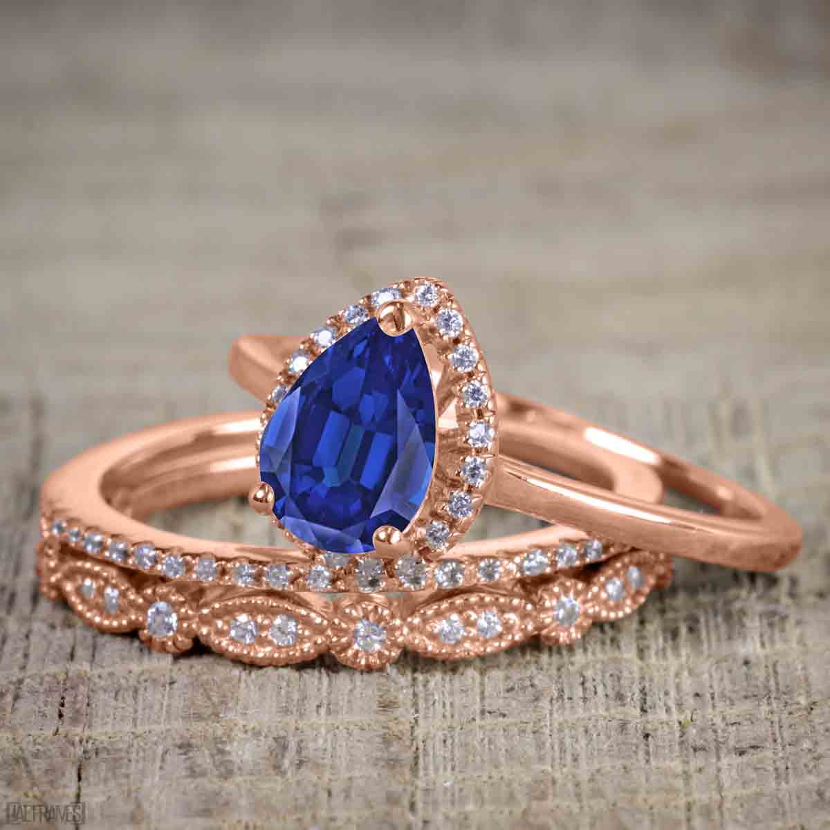 Pear Cut Lab Created Blue Sapphire Trio Wedding Ring Set V80377