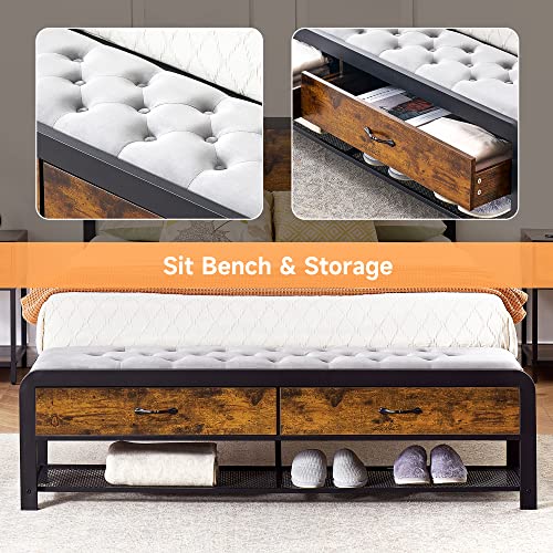 Queen Size Bed Frame with Headboard and Storage Drawers Bench, Nightstand with Storage Drawer F156