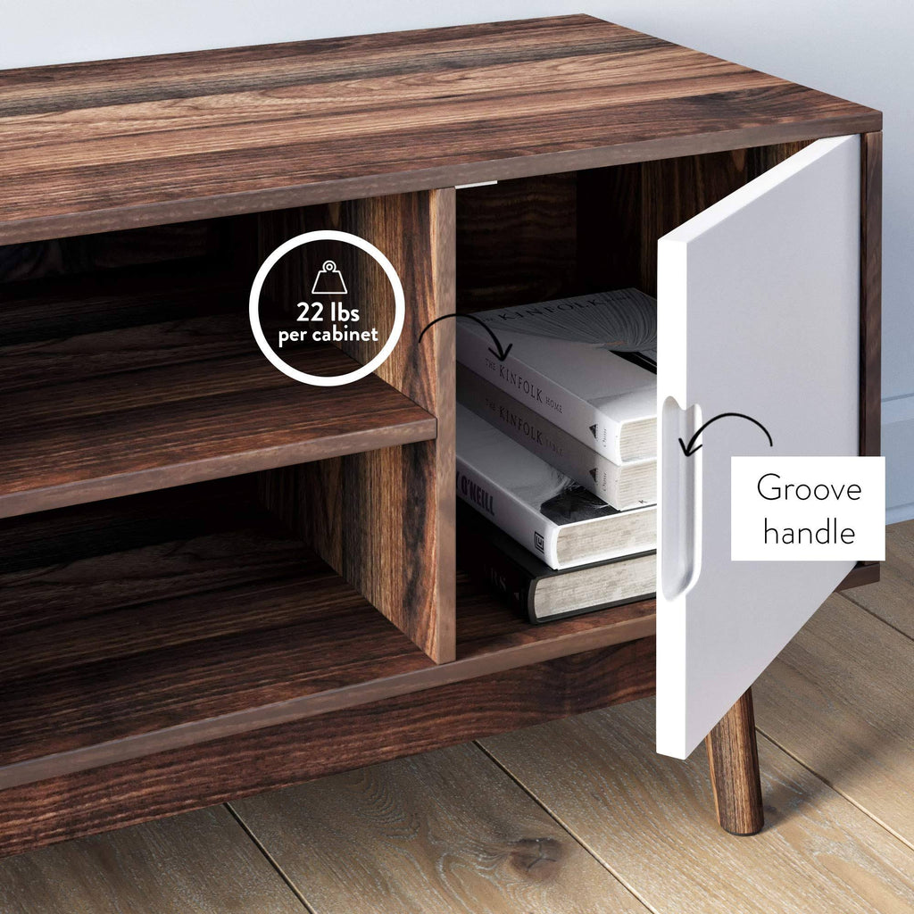 Brown Scandinavian TV Stand with White Cabinet Doors Y546