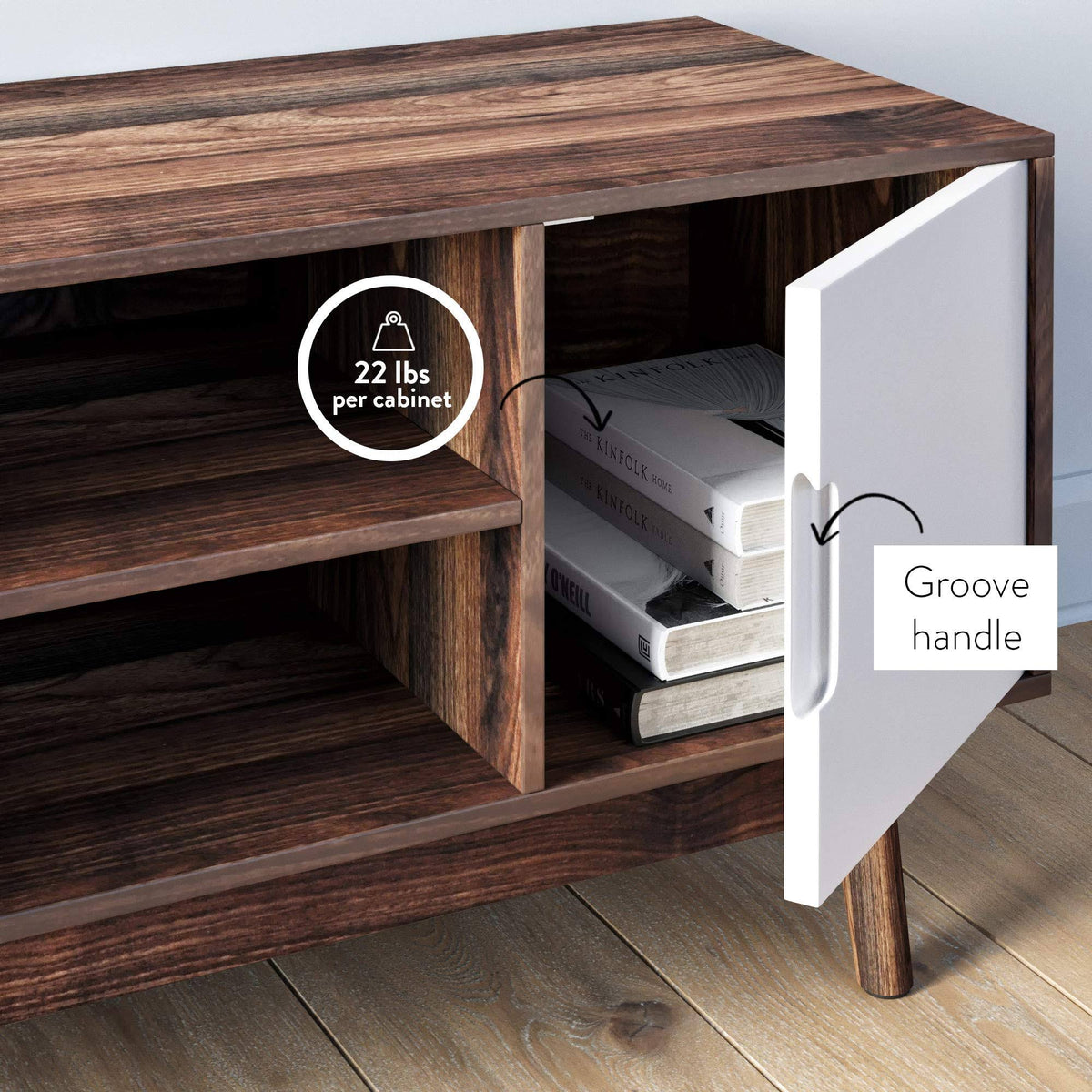 Brown Scandinavian TV Stand with White Cabinet Doors Y546