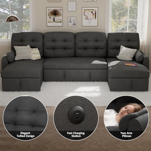 Dark Grey Linen Sectional Sleeper Sofa with Storage Chaise V348111