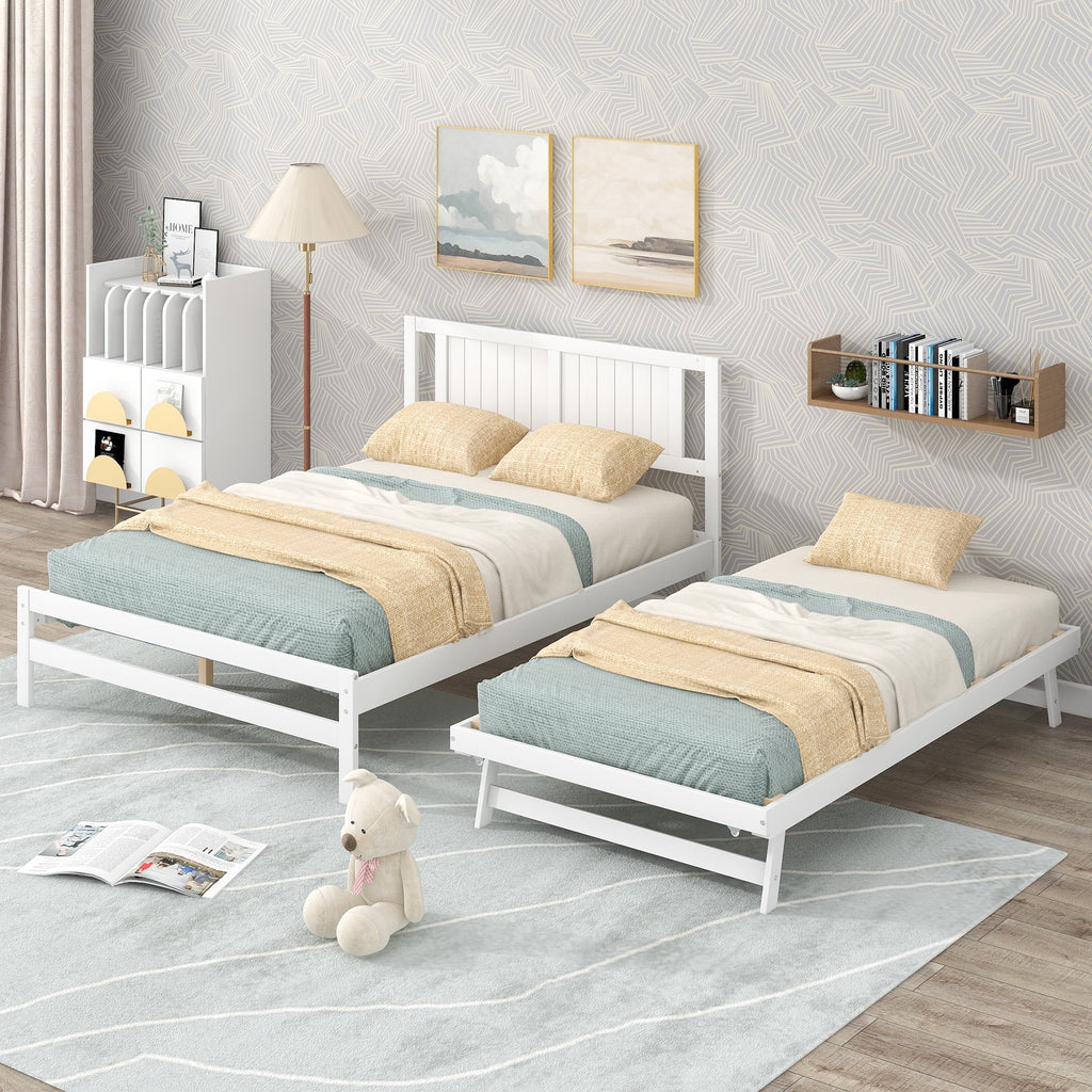 White Full Size Wood Platform Bed with Adjustable Trundle and Headboard A143