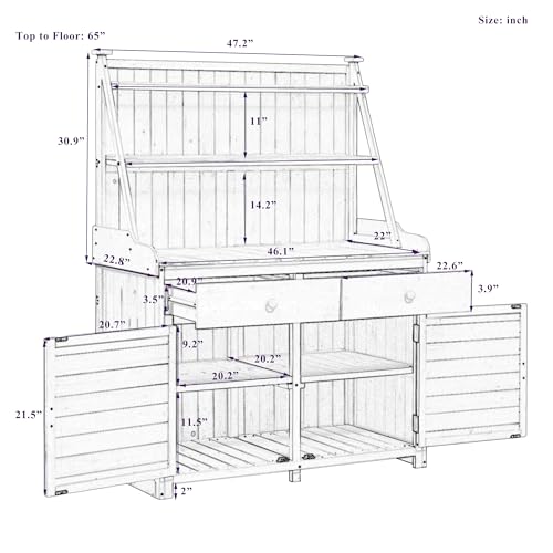 66" Wooden Potting Bench Table with 2 Drawers, Cabinet and Open Shelves Y441638