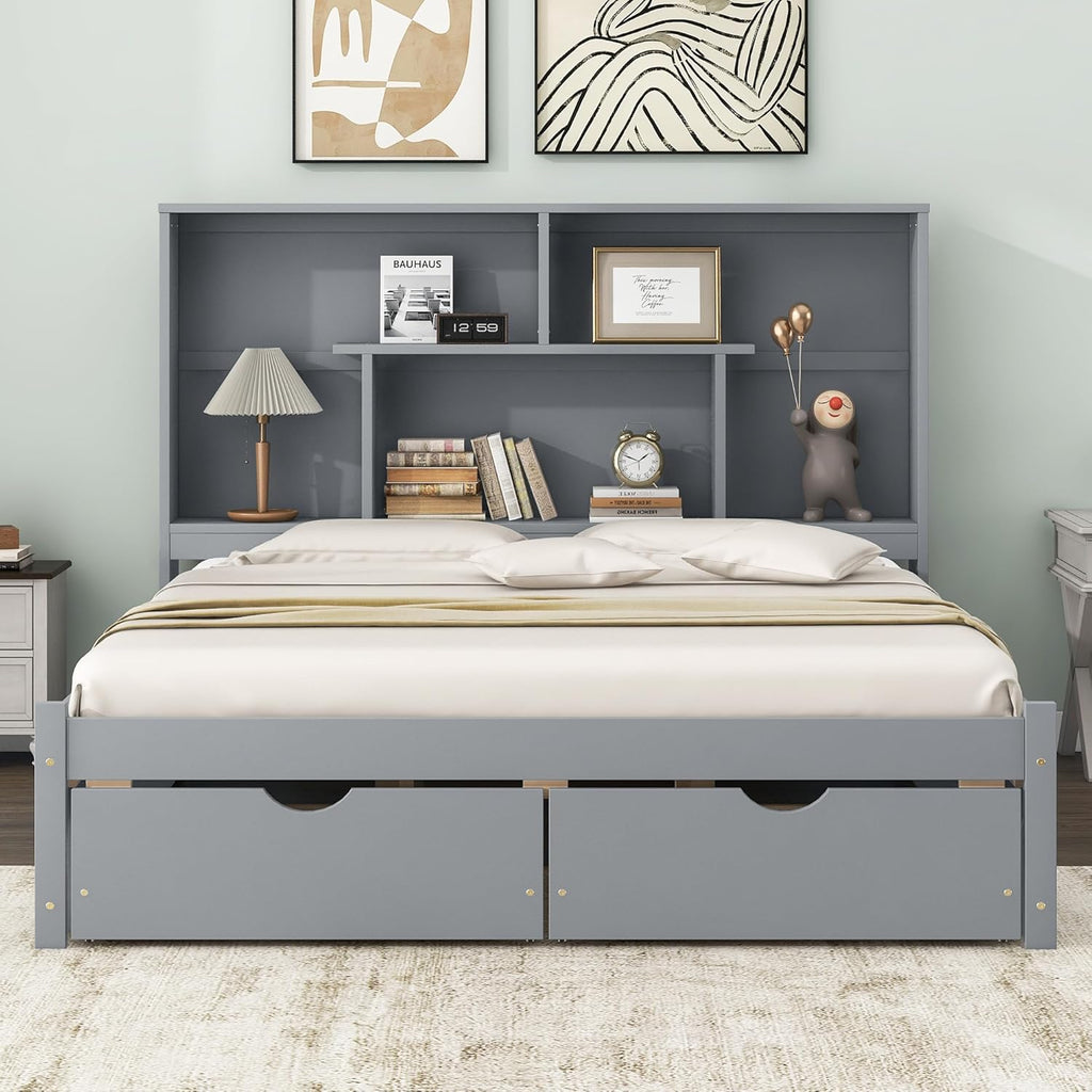 Gray Queen Size Wooden Platform Bedframe with Bookcase Headboard and 2 Storage Drawers T261074