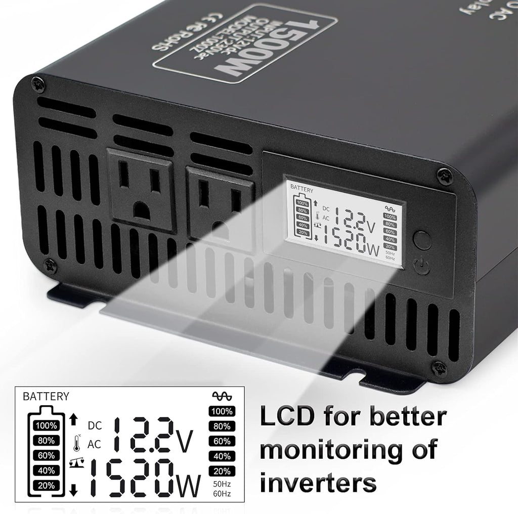1500W Peak 3000W DC 12V to AC 110V 120V Power Inverter with 2 AC Outlets LCD Display E951645