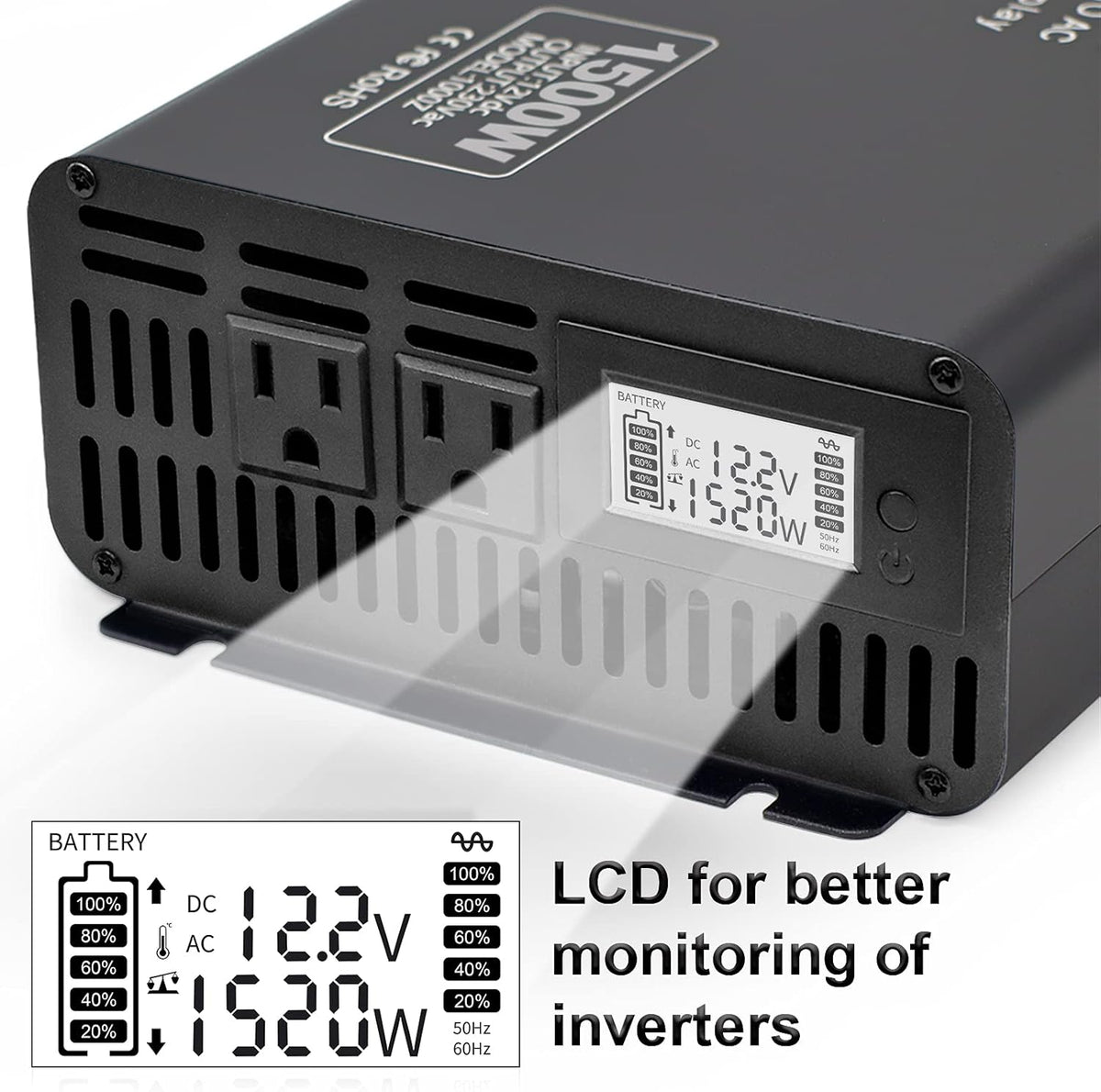 1500W Peak 3000W DC 12V to AC 110V 120V Power Inverter with 2 AC Outlets LCD Display E951645