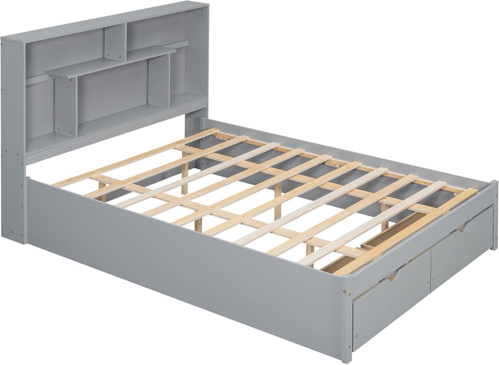 Gray Queen Size Wooden Platform Bedframe with Bookcase Headboard and 2 Storage Drawers T261074