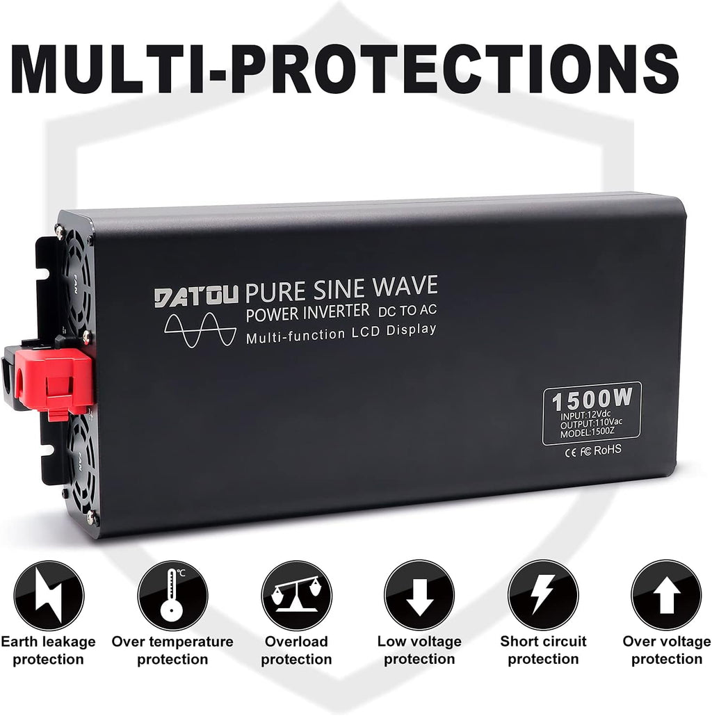 1500W Peak 3000W DC 12V to AC 110V 120V Power Inverter with 2 AC Outlets LCD Display E951645
