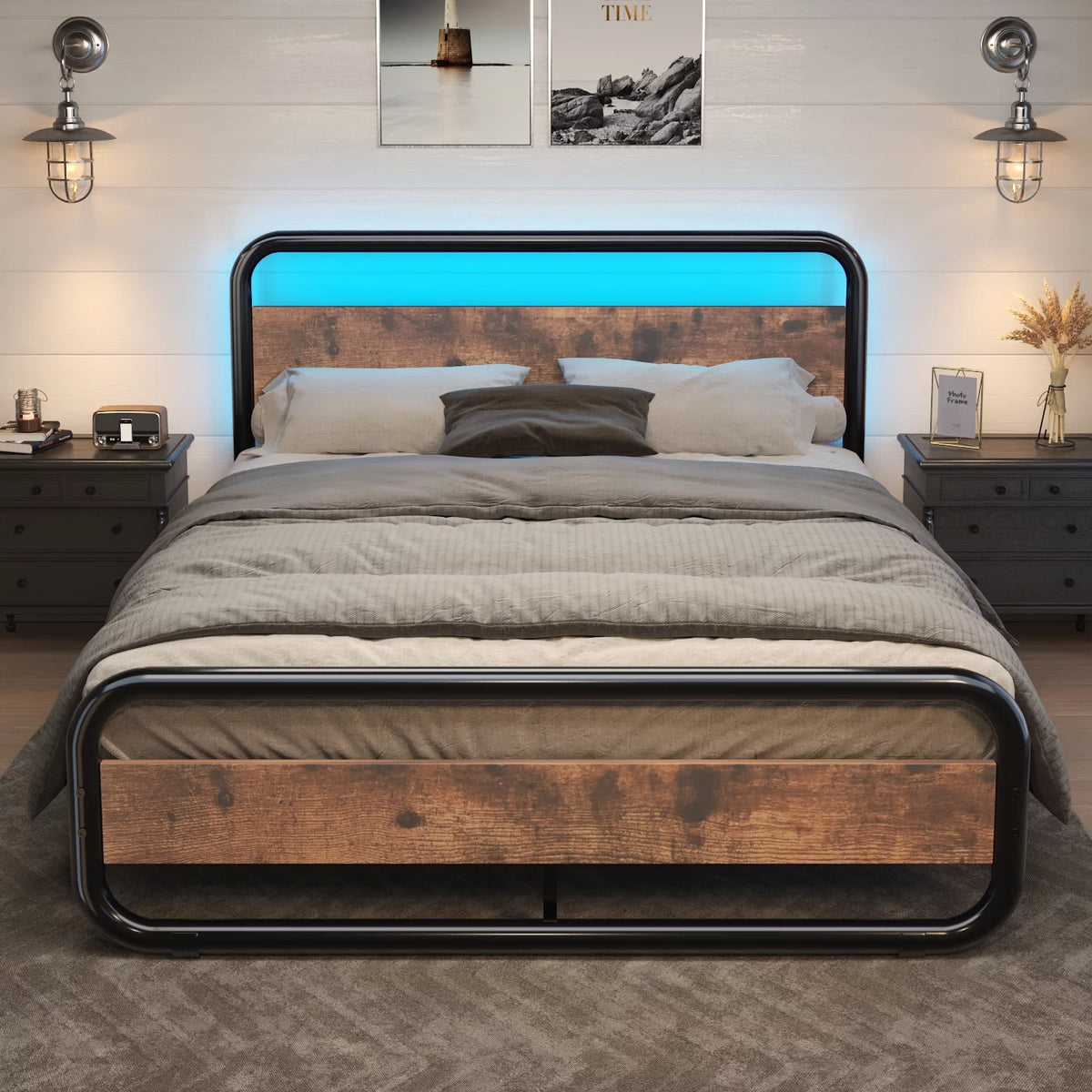 Queen Size Metal Platform Bed Frame with Wooden Headboard D637399