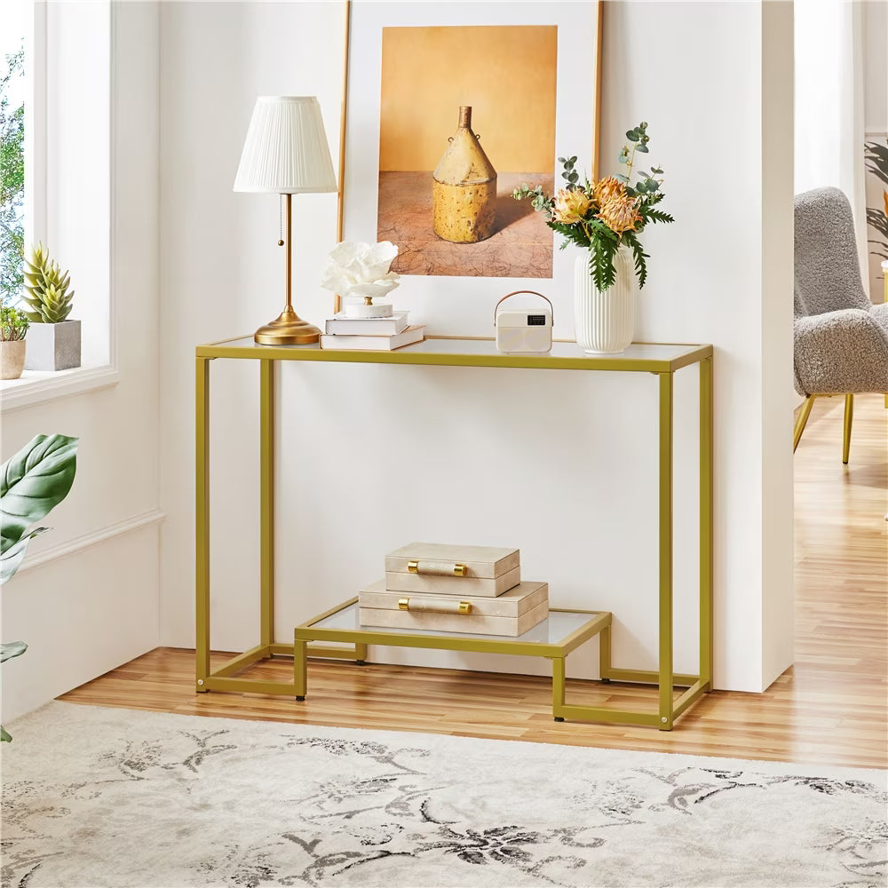 Gold Tempered Glass Console Table with Metal Frame V909252