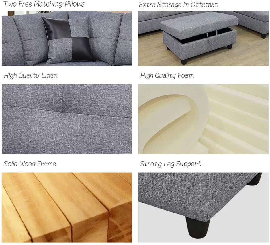 3 PCS L-Shaped Sectional Couch Sofa Set Linen Fabric with Storage Ottoman T14543
