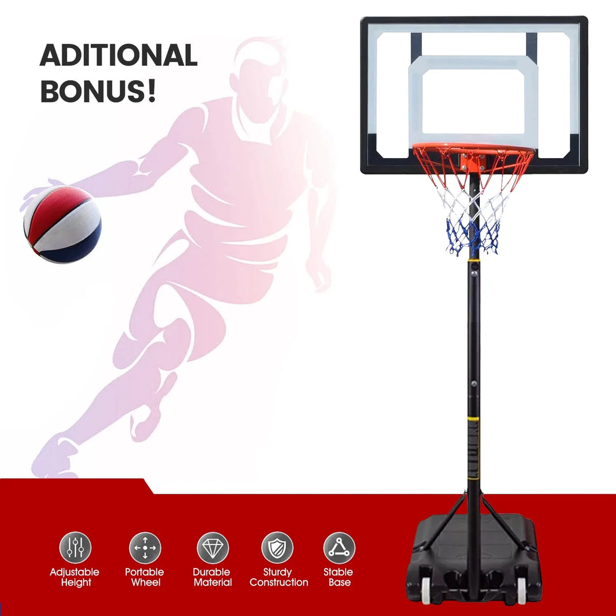 Basketball Hoop with 60''- 84'' Adjustable Height Portable with Stand & Backboard Wheels C71694