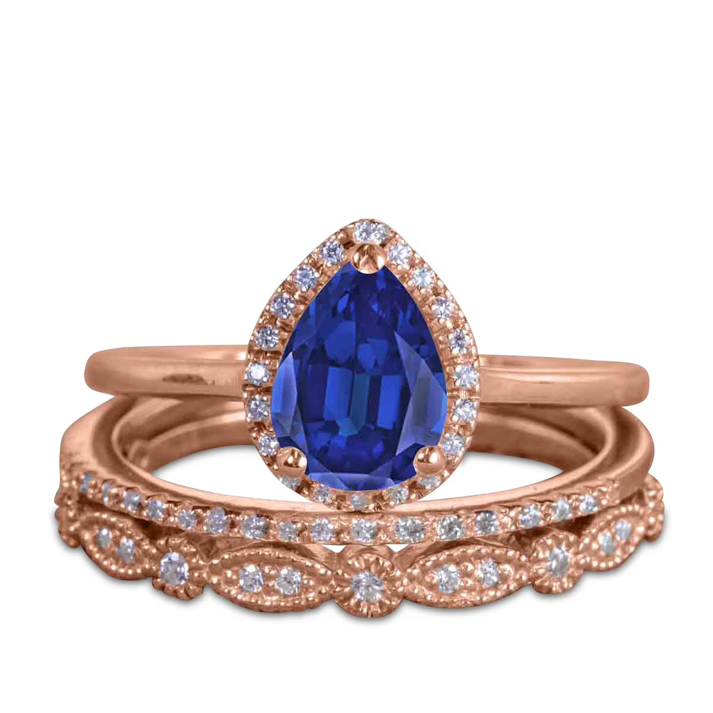 Pear Cut Lab Created Blue Sapphire Trio Wedding Ring Set V80377