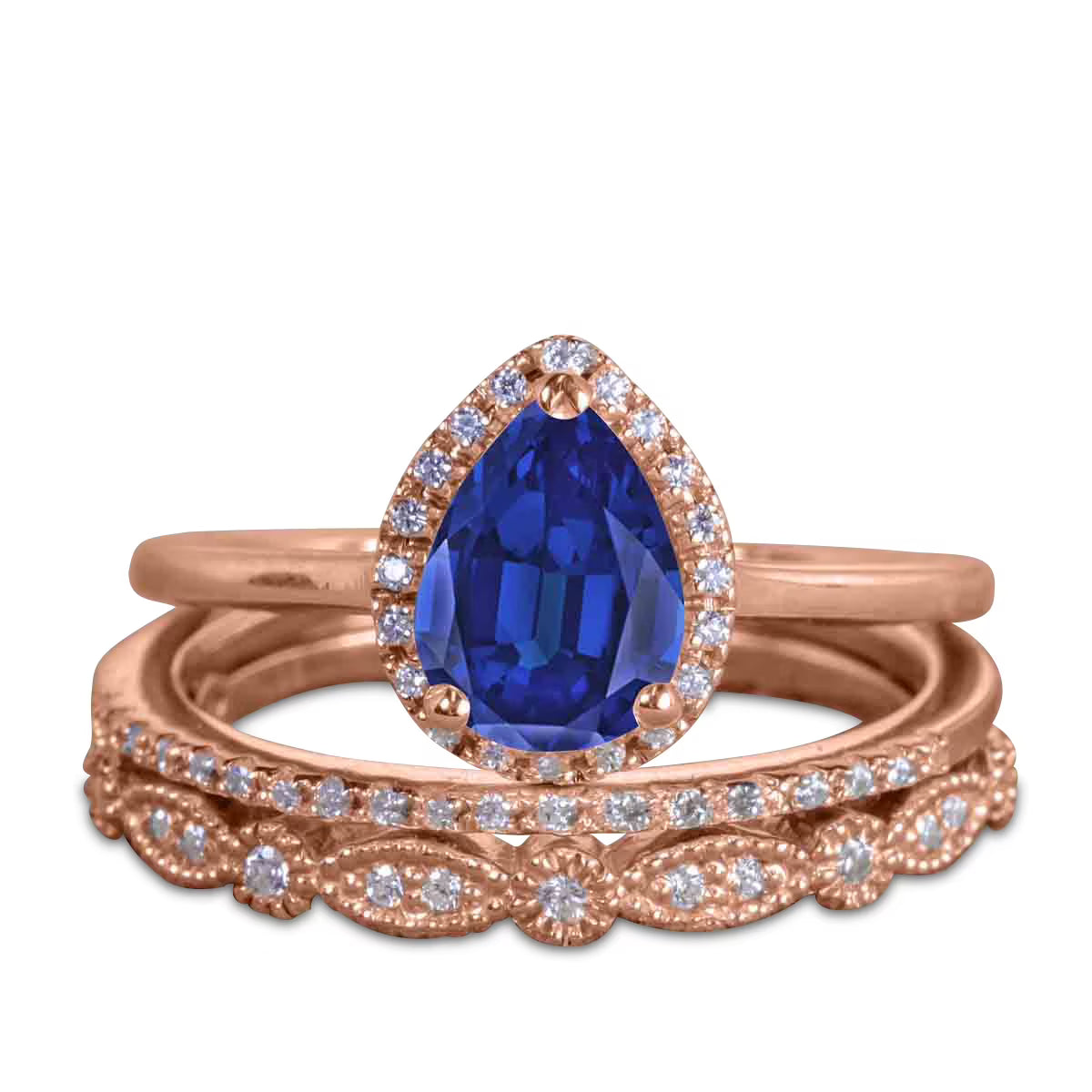 Pear Cut Lab Created Blue Sapphire Trio Wedding Ring Set V80377
