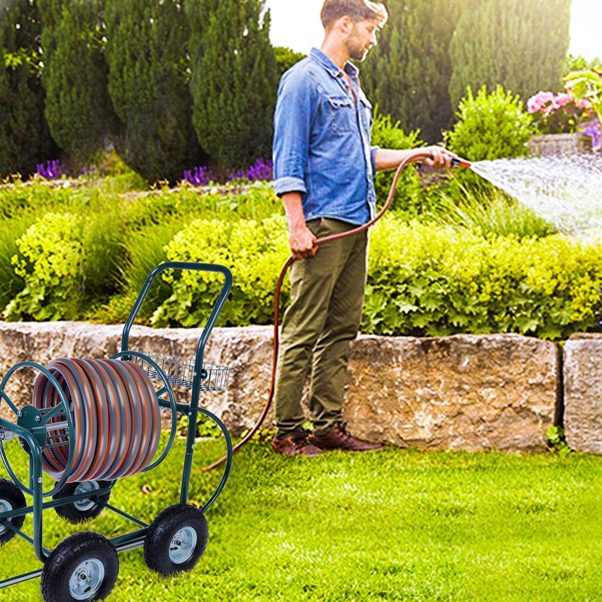 Garden Hose Reel Cart 4 Wheels with Storage Basket N9544