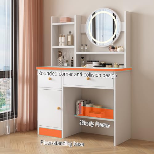 White Vanity Desk with Mirror and Lights, 3 Lighting Modes, Drawers, Open Storage Shelves N395271