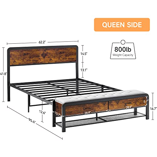 Queen Size Bed Frame with Headboard and Storage Drawers Bench, Nightstand with Storage Drawer F156