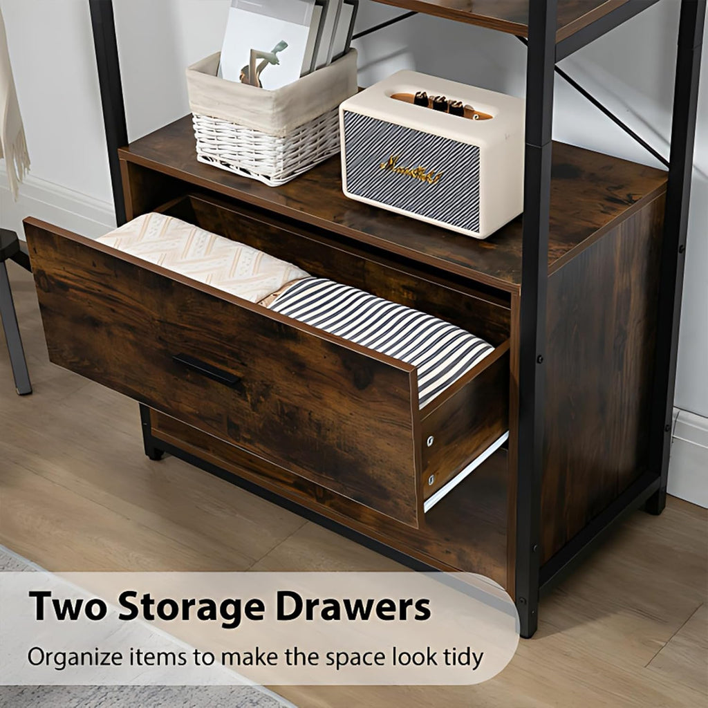 Tall Bookshelf with File Cabinet Drawers, Standing Shelf Units with Storage, Wooden Bookshelves, Vintage Brown L360082