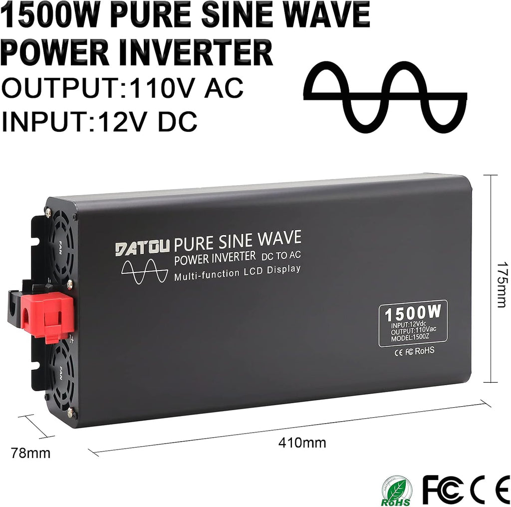 1500W Peak 3000W DC 12V to AC 110V 120V Power Inverter with 2 AC Outlets LCD Display E951645