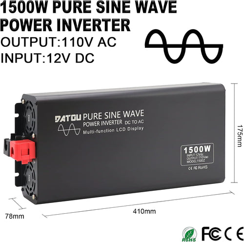 1500W Peak 3000W DC 12V to AC 110V 120V Power Inverter with 2 AC Outlets LCD Display E951645