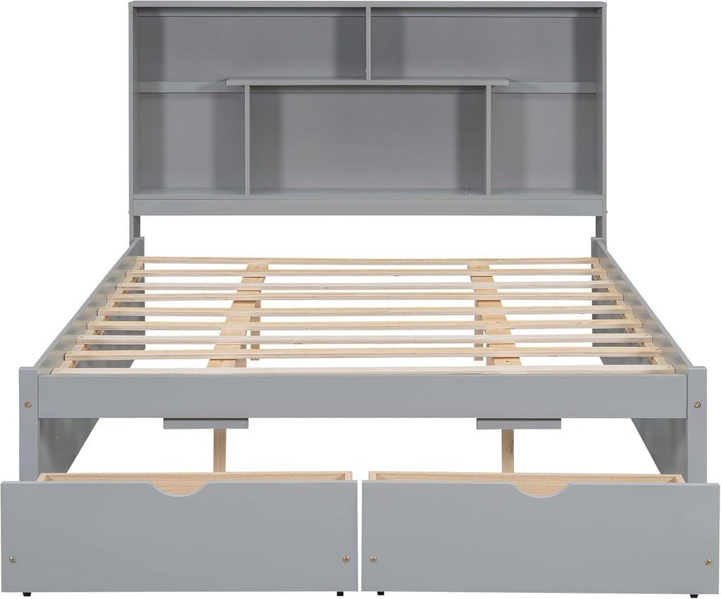 Gray Queen Size Wooden Platform Bedframe with Bookcase Headboard and 2 Storage Drawers T261074