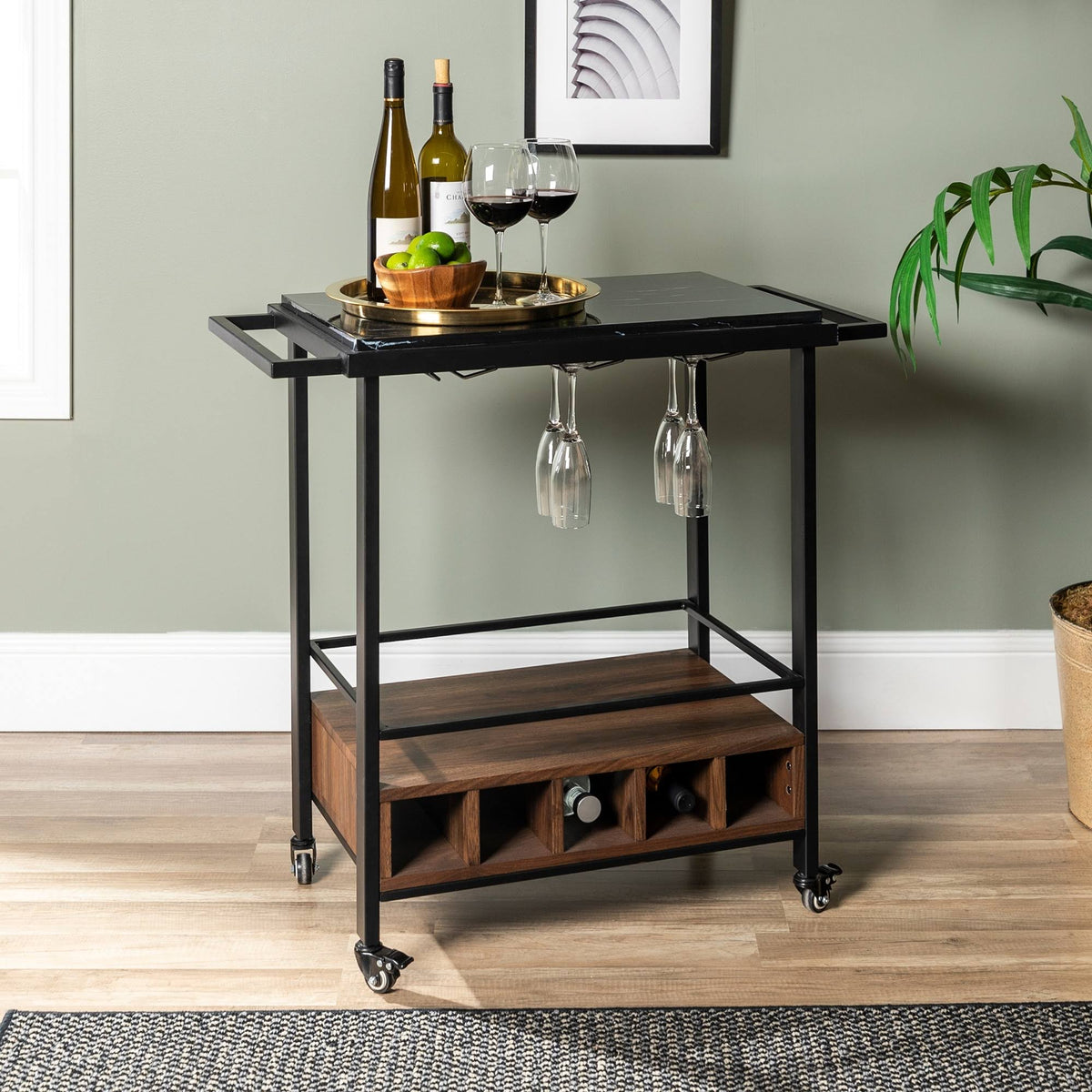 Faux Marble Serving Bar Cart with Dark Walnut Base B4901