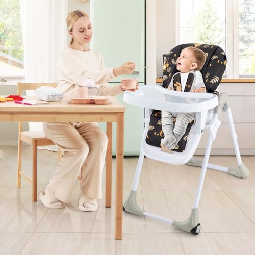Light Gray Foldable Baby High Chair with Wheels G12052