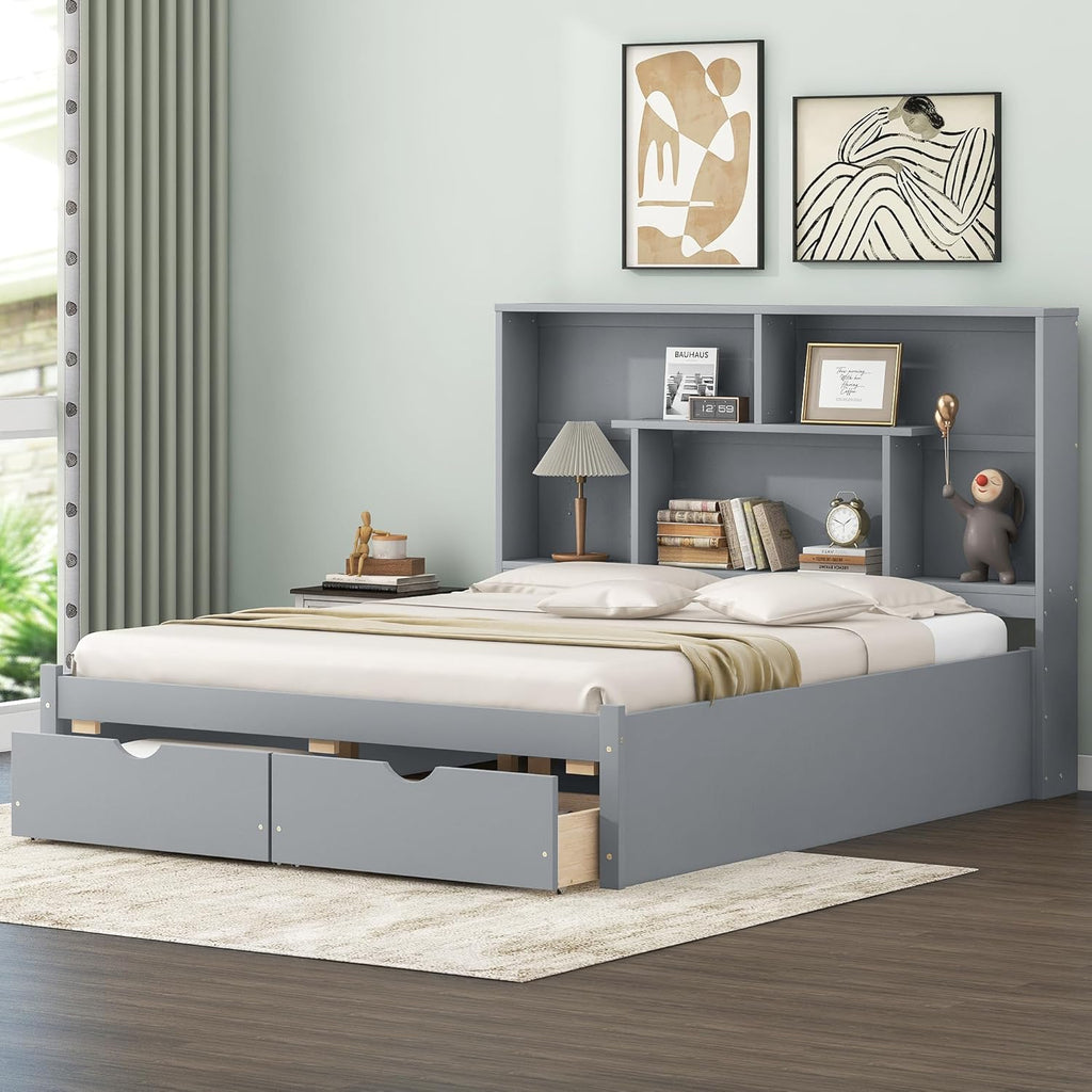 Gray Queen Size Wooden Platform Bedframe with Bookcase Headboard and 2 Storage Drawers T261074