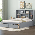 Gray Queen Size Wooden Platform Bedframe with Bookcase Headboard and 2 Storage Drawers T261074