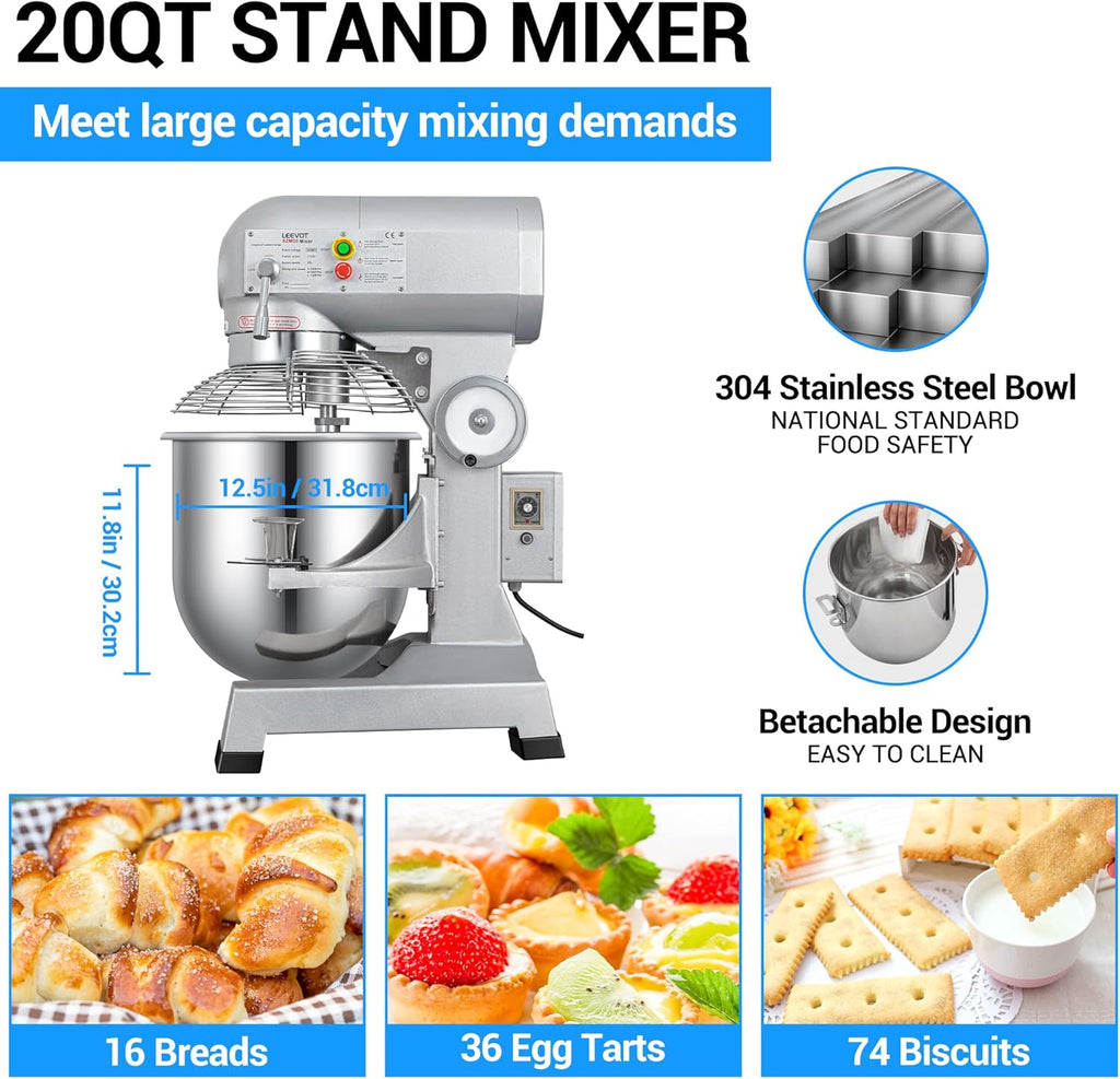 20Qt 1100W Commercial Stand Mixer with Stainless Steel Bowl O7822