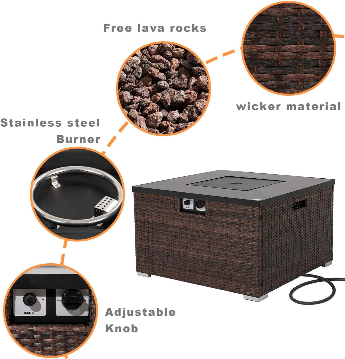 32-inch Square Espresso Brown Wicker Propane Fire Table F42980
