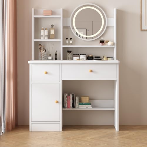 White Vanity Desk with Mirror and Lights, 3 Lighting Modes, Drawers, Open Storage Shelves N395271