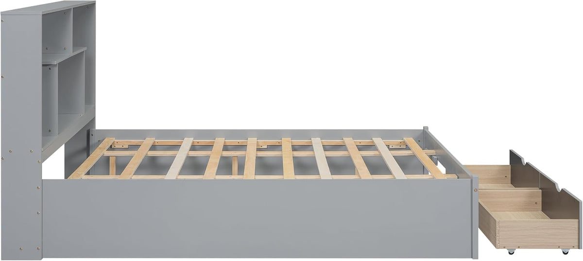 Gray Queen Size Wooden Platform Bedframe with Bookcase Headboard and 2 Storage Drawers T261074