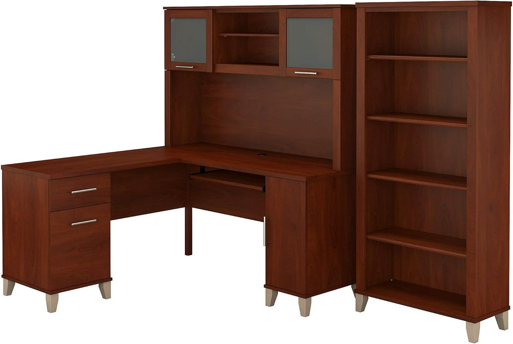 L Shaped Desk with Hutch and 5 Shelf Bookcase, 60W, Hansen Cherry Z48168