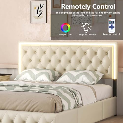 Queen Size Upholstered Bed Frame with 4 Storage Drawers, Button Tufted Adjustable Headboard PU Leather Platform Bed with LED Light (Black) V62837
